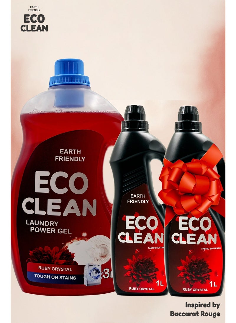 Earth Friendly Eco Clean Liquid Laundry Detergent 3L Ruby Crystal and Ruby Crystal Luxury Fabric Softener 1L + 1L Bundle - Image 1